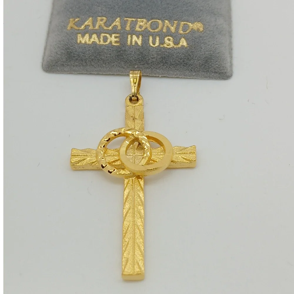 Karatbond Vintage Y2K Gold Textured Cross Pendant Interlocking Wedding Rings USA